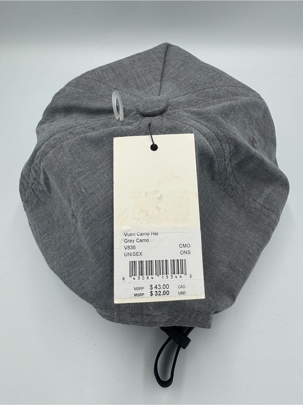 Vuori Gray Five-Panel Adjustable Cap/ Front Patch with faint camo design on brim - Picture 5 of 9